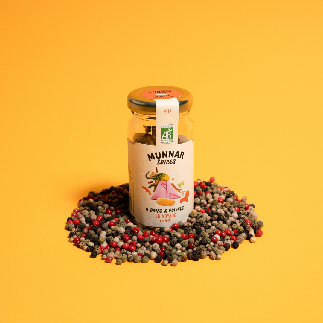 Munnar Épices - bio - mélange d'épices - 4 Baies & poivres - origine - Inde - direct producteur