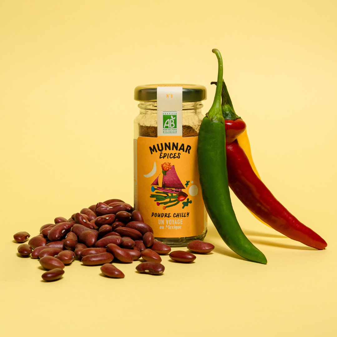 Munnar Épices - bio - Poudre Chilly - mélange d'épices - healthy - bienfaits - origine Mexique Oaxaca - direct producteur