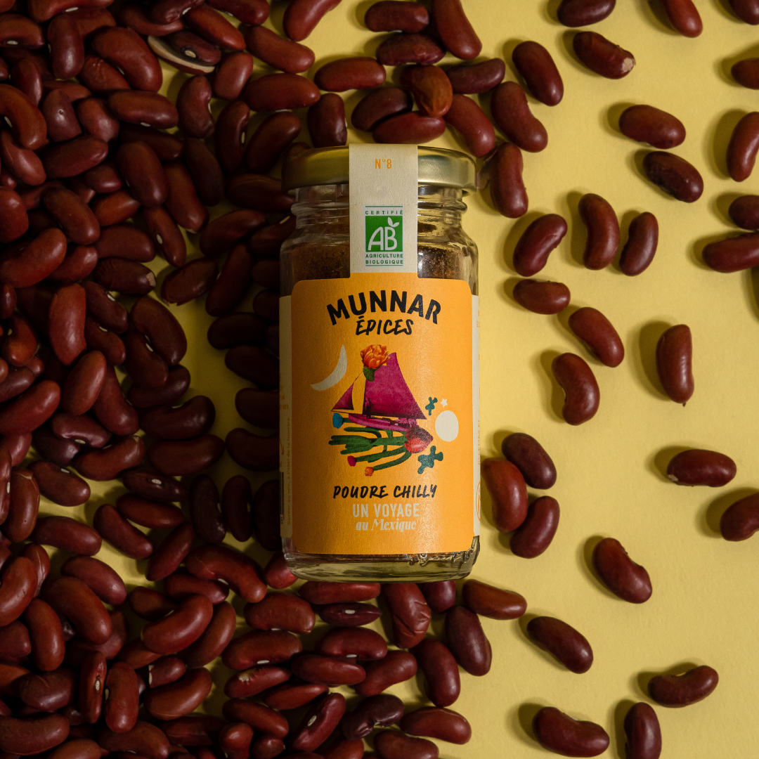Munnar Épices - bio - Poudre Chilly - mélange d'épices - healthy - bienfaits - origine Mexique Oaxaca - direct producteur
